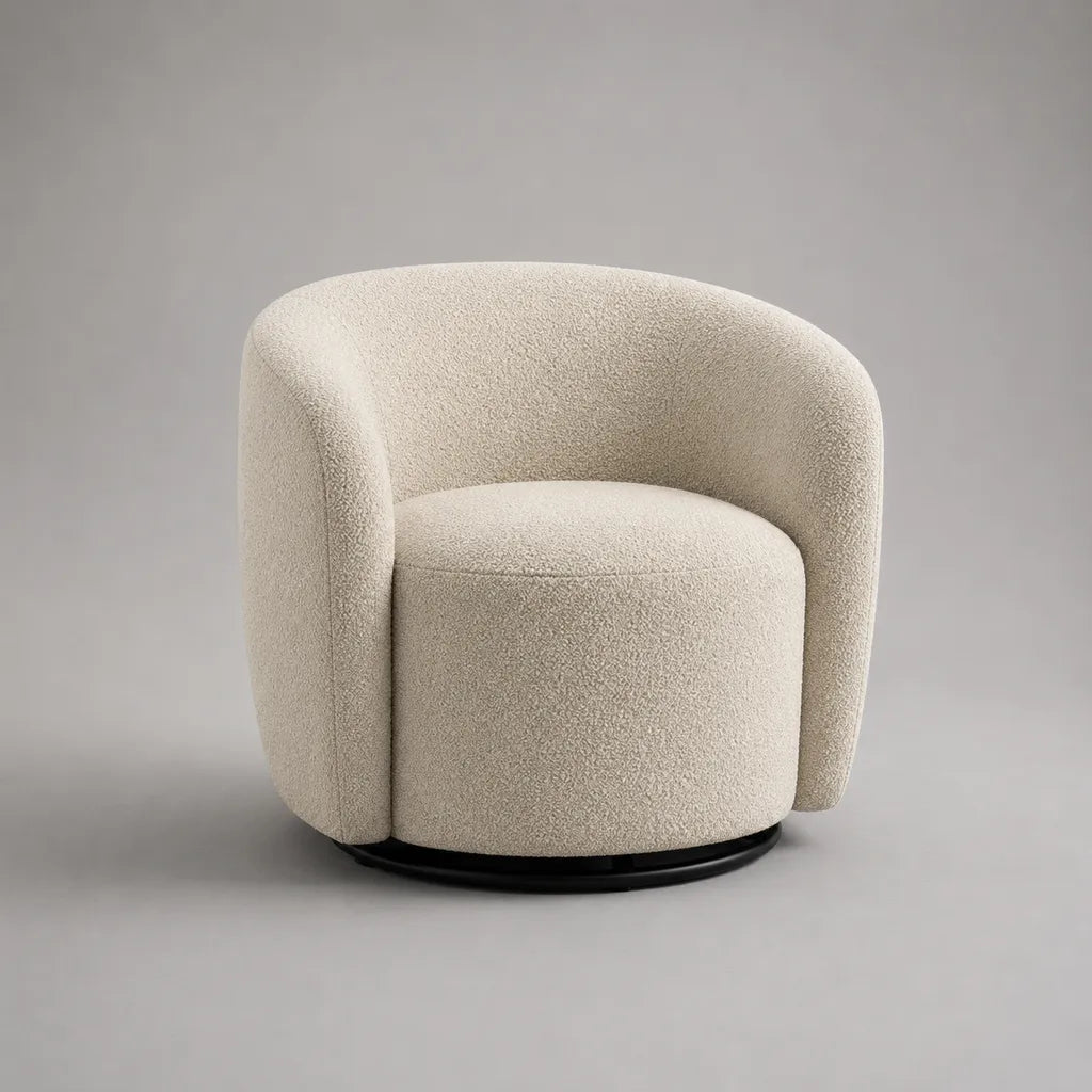 Fauteuil pivotant à 360° en tissu bouclé polyester crème, forme arrondie, 80 × 76 × 75 cm