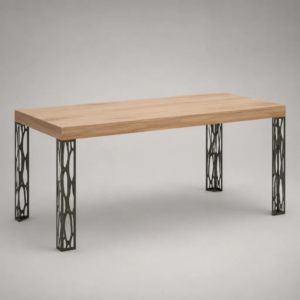 Table à manger rectangulaire 6 personnes en MDF plaqué chêne et acier noir, 160 × 80 × 75 cm