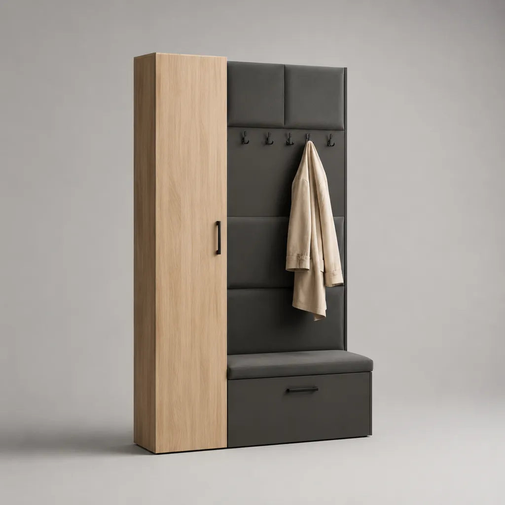 Meuble d’entrée en bois avec armoire, banc coffre, 5 patères et panneaux rembourrés en similicuir PU, chêne clair et anthracite, 120 × 40 × 200 cm