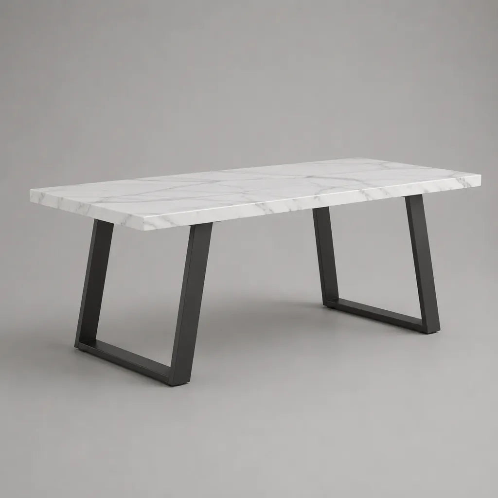 Table à manger rectangulaire 6 personnes en bois et acier, blanc marbré gris et noir, 160 × 80 × 75 cm
