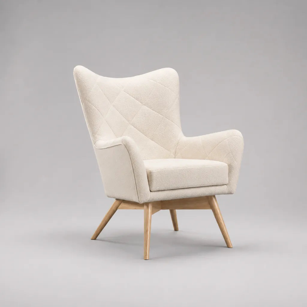 Fauteuil à oreilles en tissu blanc cassé avec pieds en bois, 78 × 82 × 101 cm