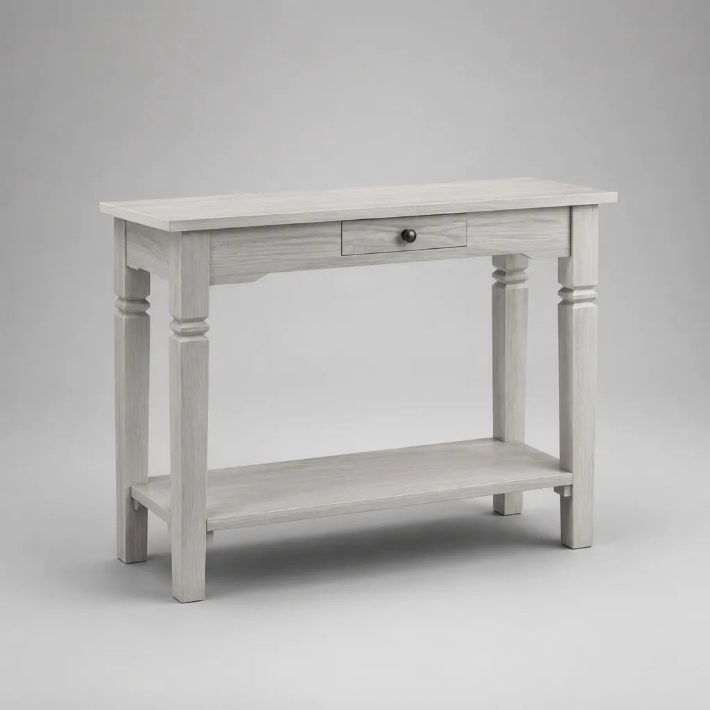 Console d’entrée en pin massif avec tiroir et étagère, blanc patiné et noir, 100 × 35 × 80 cm