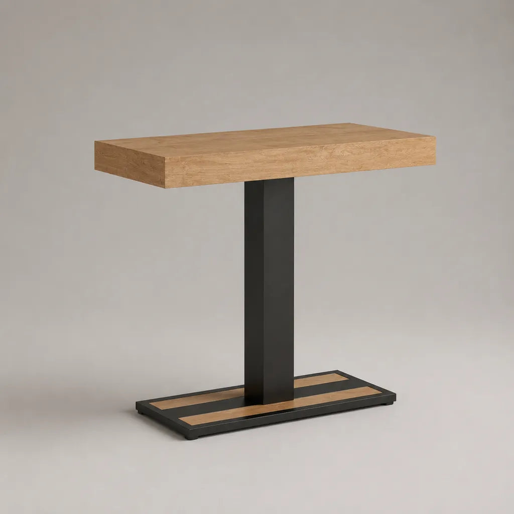 Table à manger rectangulaire 4 personnes, plateau MDF plaqué chêne naturel, pied central en acier noir, 120 × 70 × 75 cm