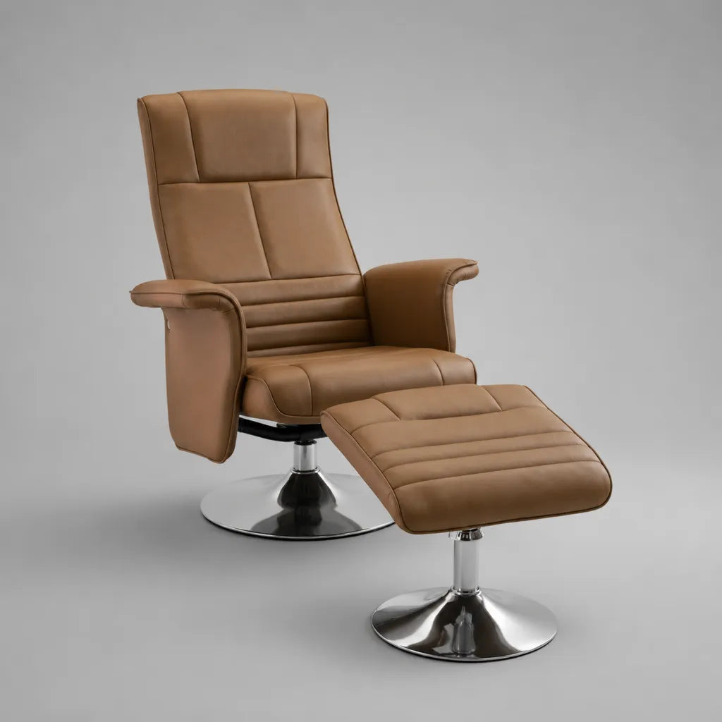 Ensemble fauteuil relax pivotant et repose-pieds en similicuir PU marron cognac – fauteuil 78 × 82 × 108 cm