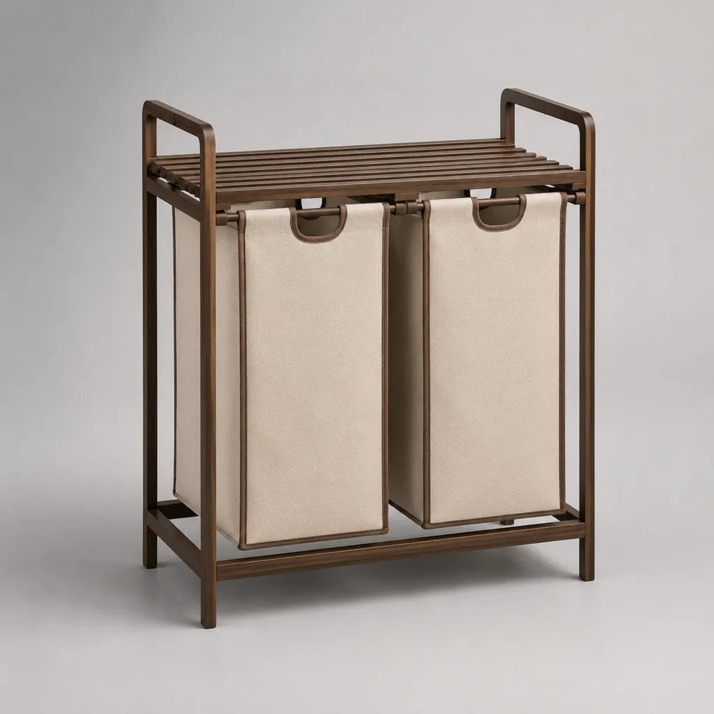 Panier à linge double compartiment avec étagère en bambou massif, toile beige et structure marron foncé, 73 × 35 × 83 cm
