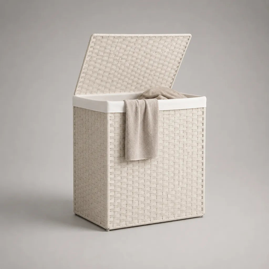 Panier à linge rectangulaire avec couvercle en rotin synthétique blanc, 90 L, 45 × 35 × 60 cm