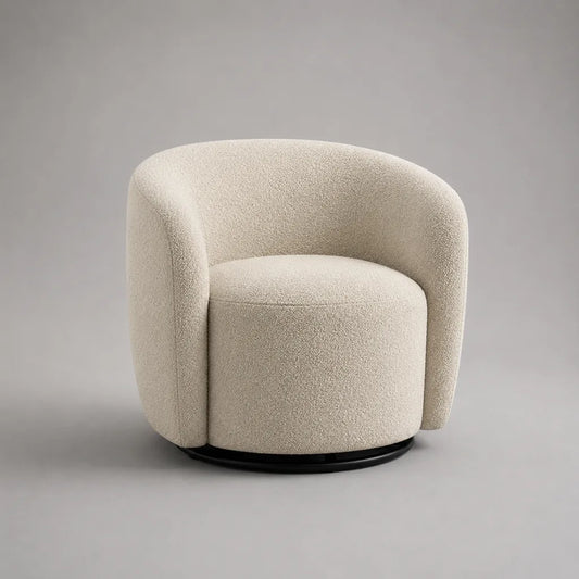 Fauteuil pivotant à 360° en tissu bouclé polyester crème, forme arrondie, 80 × 76 × 75 cm