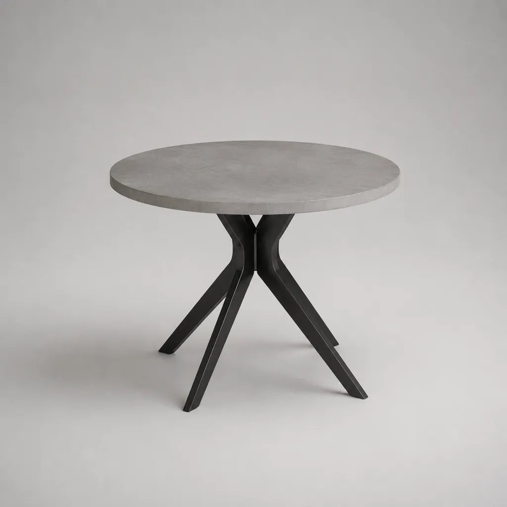 Table à manger ronde en MDF mélaminé effet béton avec pieds en acier noir, Ø 110 × H 75 cm
