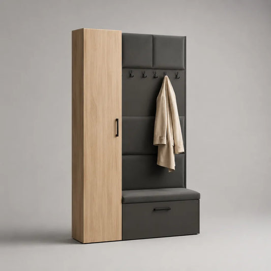 Meuble d’entrée en bois avec armoire, banc coffre, 5 patères et panneaux rembourrés en similicuir PU, chêne clair et anthracite, 120 × 40 × 200 cm