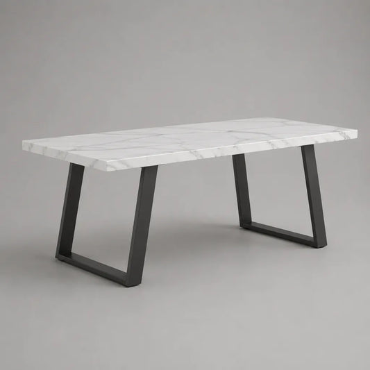 Table à manger rectangulaire 6 personnes en bois et acier, blanc marbré gris et noir, 160 × 80 × 75 cm