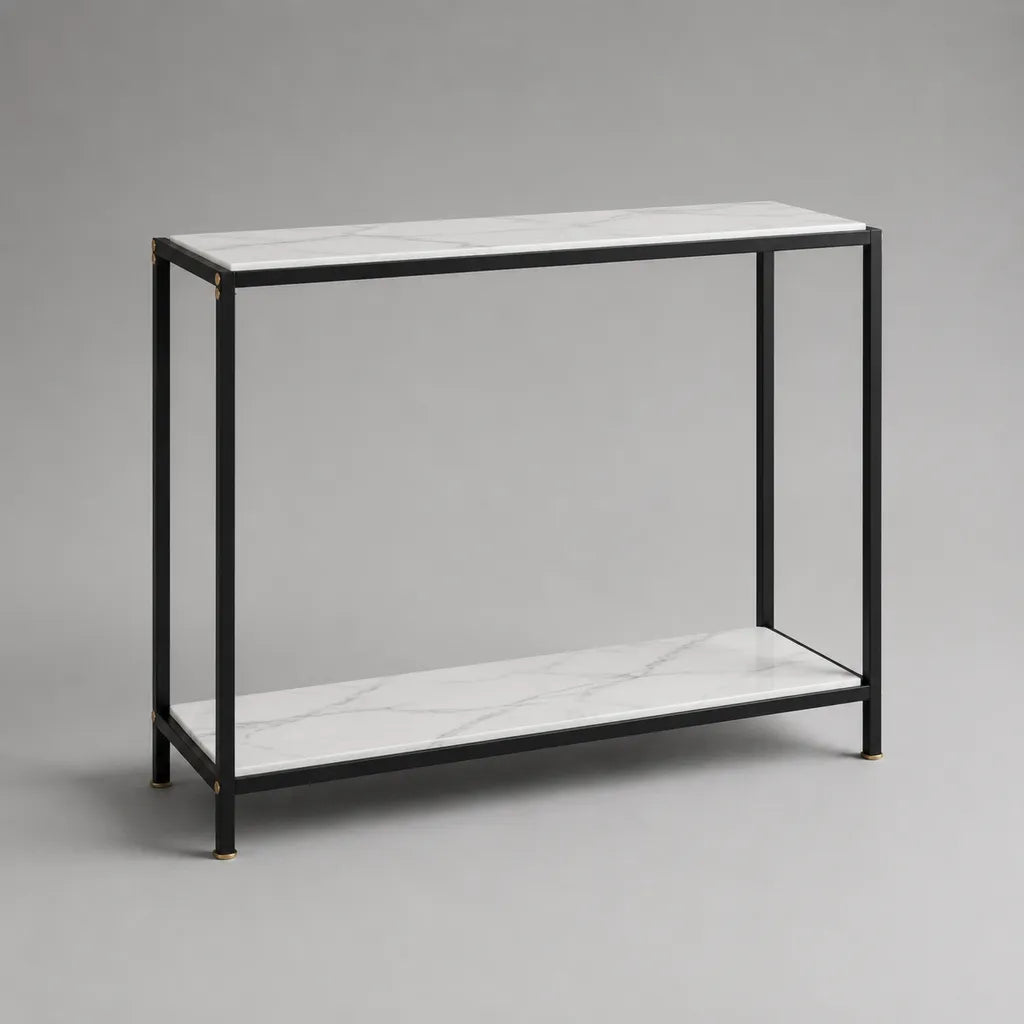 Console rectangulaire en acier et MDF effet marbre blanc veiné gris et noir, 100 × 30 × 80 cm