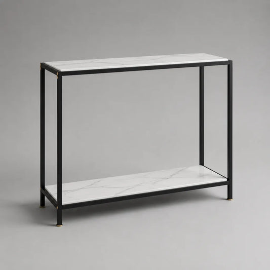 Console rectangulaire en acier et MDF effet marbre blanc veiné gris et noir, 100 × 30 × 80 cm