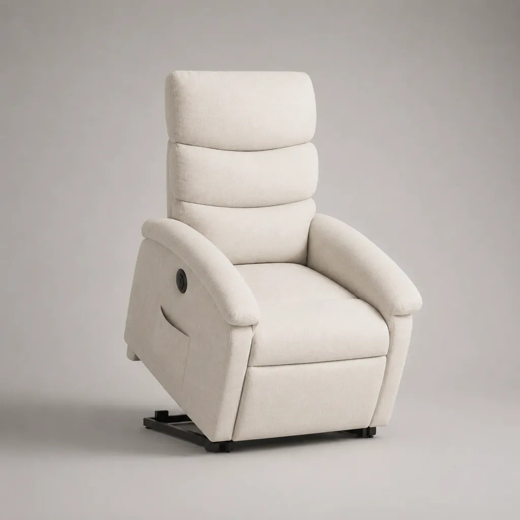 Fauteuil releveur électrique inclinable à dossier haut blanc cassé en polyester et acier, 76 x 92 x 105 cm