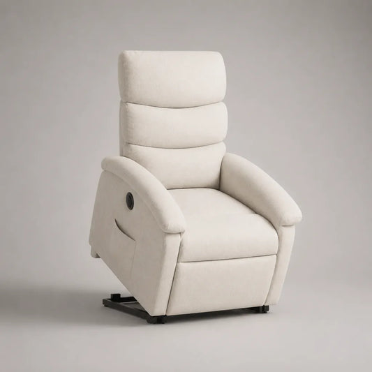 Fauteuil releveur électrique inclinable à dossier haut blanc cassé en polyester et acier, 76 x 92 x 105 cm