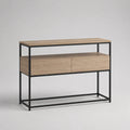 Console d’entrée rectangulaire à 2 tiroirs et tablette en panneaux de particules mélaminés effet chêne et acier noir, 120 × 35 × 90 cm