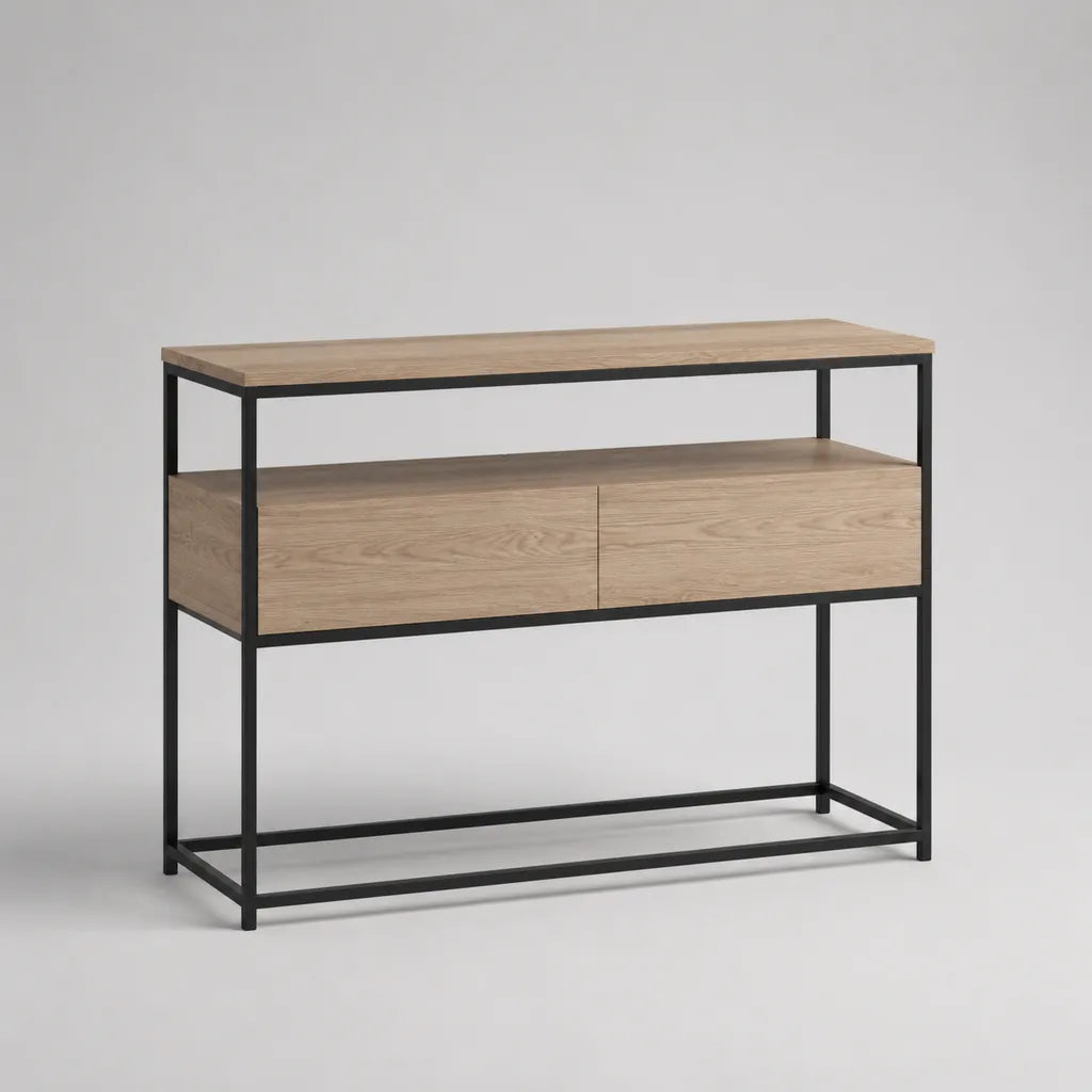 Console d’entrée rectangulaire à 2 tiroirs et tablette en panneaux de particules mélaminés effet chêne et acier noir, 120 × 35 × 90 cm