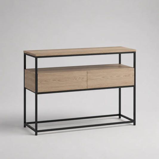 Console d’entrée rectangulaire à 2 tiroirs et tablette en panneaux de particules mélaminés effet chêne et acier noir, 120 × 35 × 90 cm
