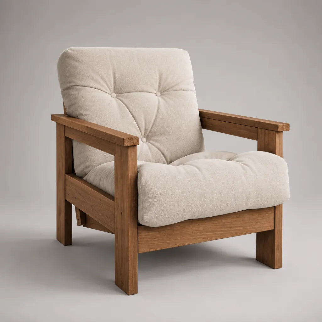 Fauteuil rembourré en tissu et bois massif avec accoudoirs, beige et brun moyen, 72 × 78 × 88 cm