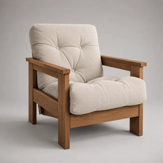 Fauteuil rembourré en tissu et bois massif avec accoudoirs, beige et brun moyen, 72 × 78 × 88 cm
