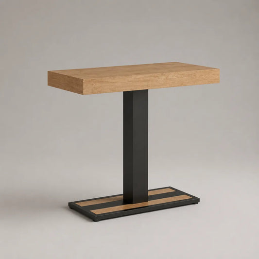 Table à manger rectangulaire 4 personnes, plateau MDF plaqué chêne naturel, pied central en acier noir, 120 × 70 × 75 cm