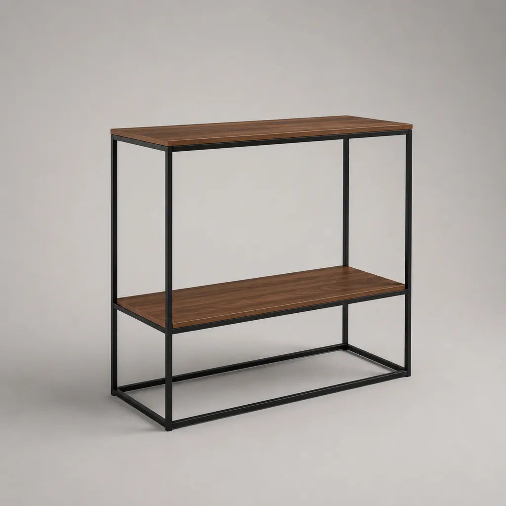 Console rectangulaire à 2 niveaux en acier et bois, brun noyer et noir, 100 × 35 × 80 cm