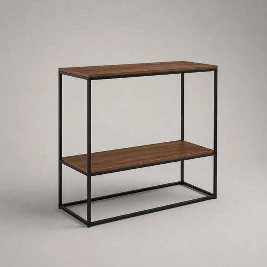 Console rectangulaire à 2 niveaux en acier et bois, brun noyer et noir, 100 × 35 × 80 cm