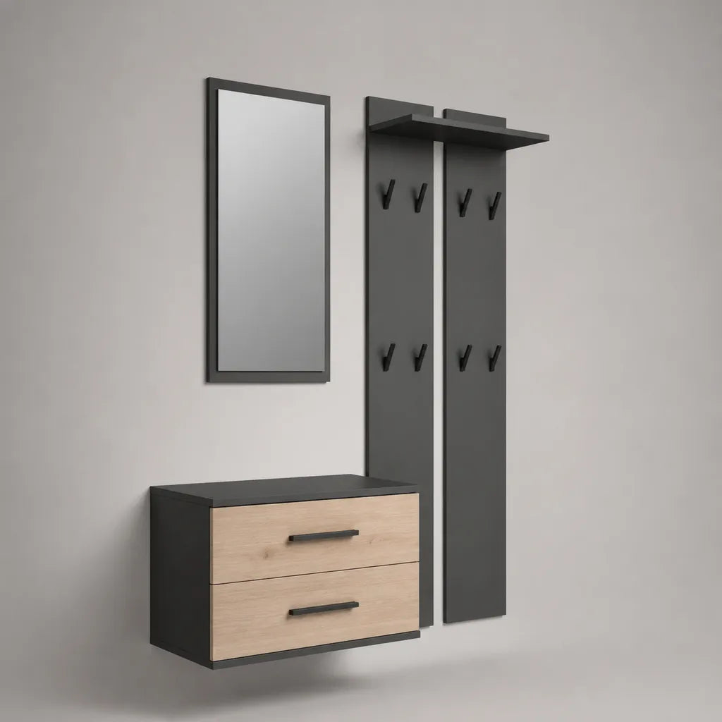 Ensemble de meubles d’entrée muraux 3 pièces en panneaux de particules avec miroir et patère, 120 × 35 × 180 cm, anthracite et chêne clair