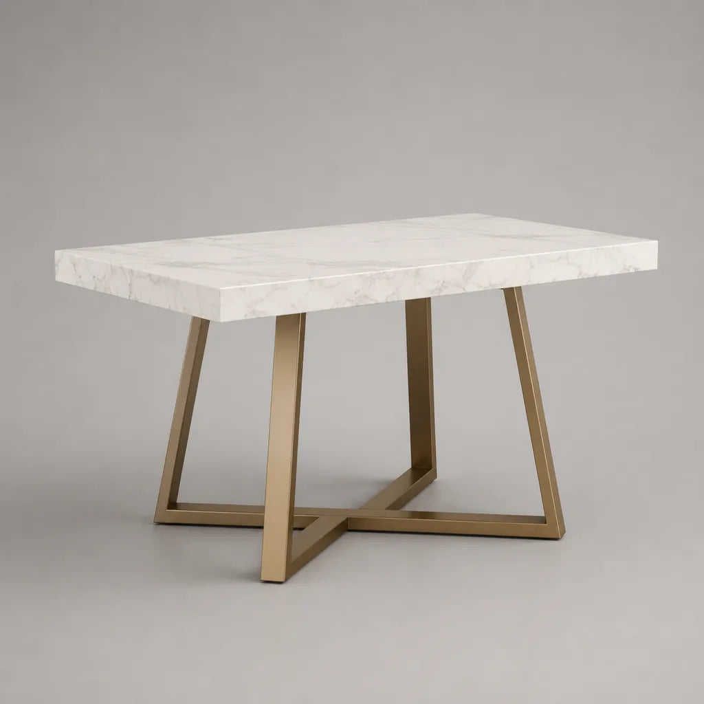 Table à manger rectangulaire effet marbre blanc en MDF et métal doré, 120 × 80 × 75 cm