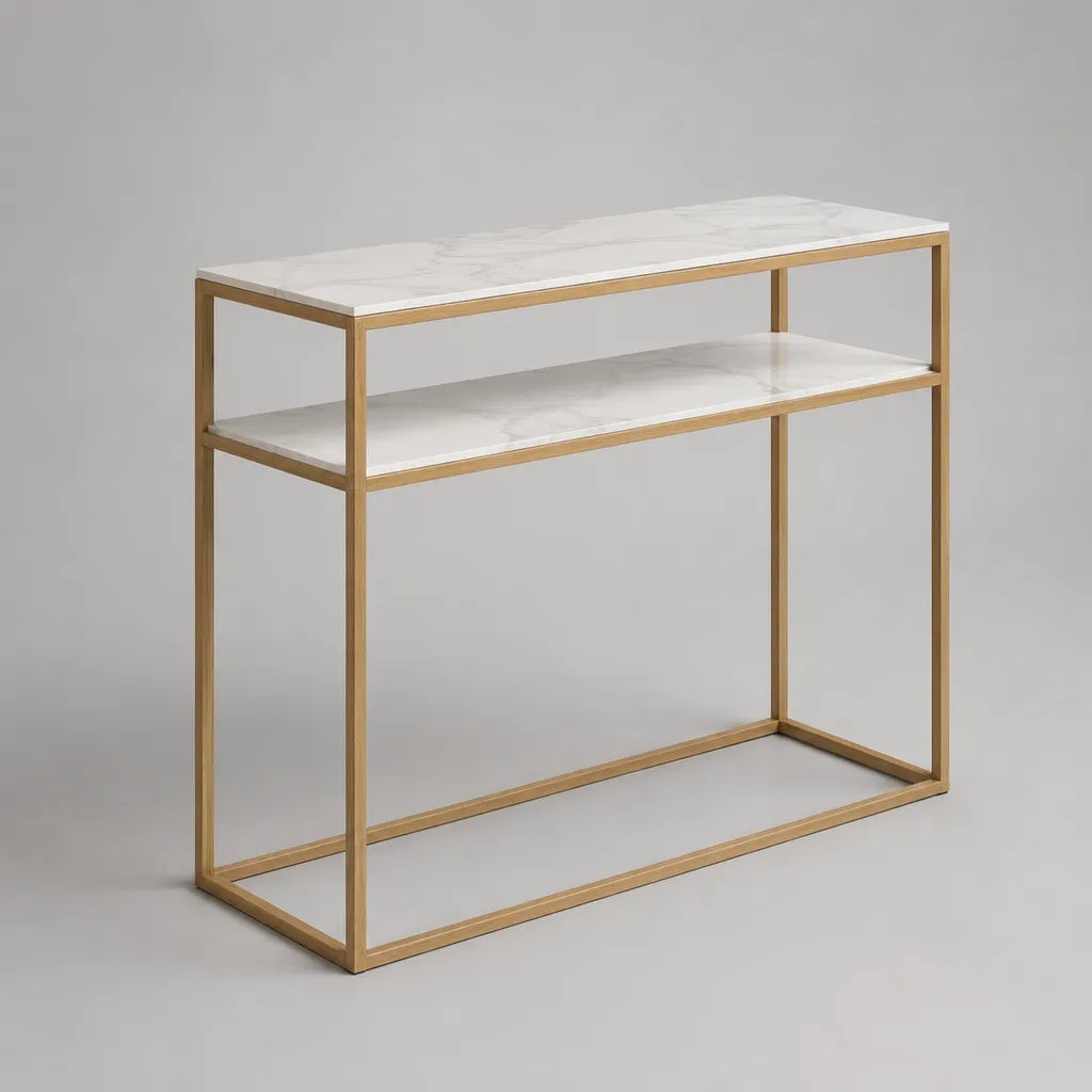 Table console rectangulaire à 2 plateaux en MDF effet marbre et structure en acier doré, blanc et doré, 100 × 30 × 80 cm