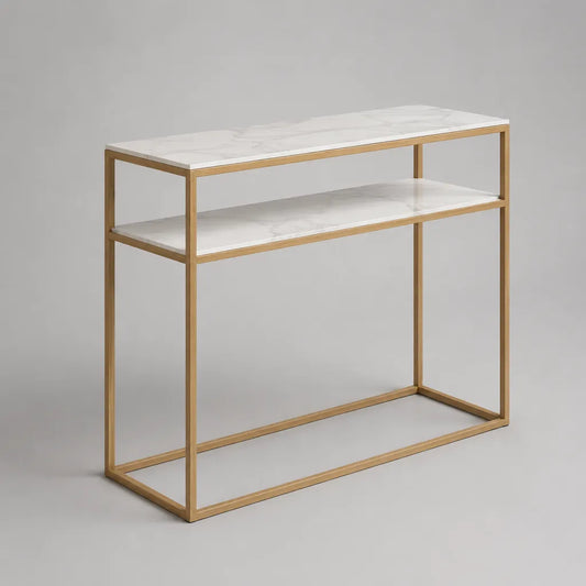 Table console rectangulaire à 2 plateaux en MDF effet marbre et structure en acier doré, blanc et doré, 100 × 30 × 80 cm
