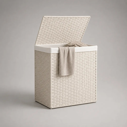 Panier à linge rectangulaire avec couvercle en rotin synthétique blanc, 90 L, 45 × 35 × 60 cm